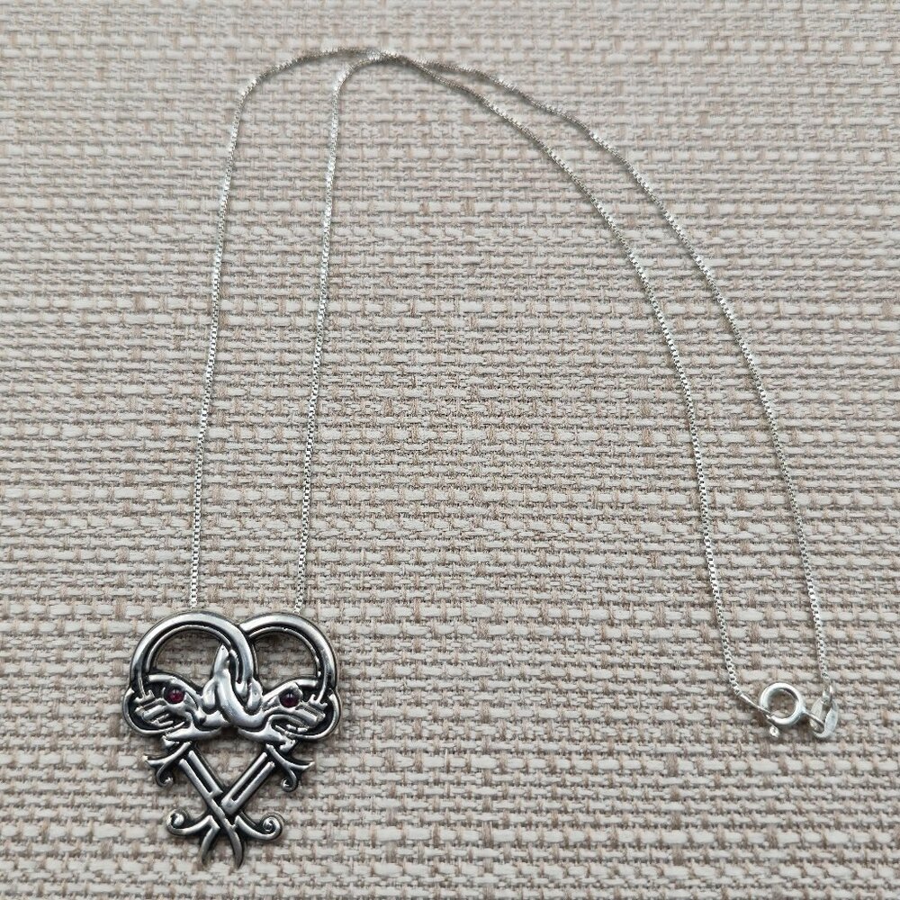 18 Inch Sterling Silver Viking Style Double Dragon Garnet Necklace A6061